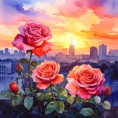 Watercolor roses with cityscape backdrop, warm sunset hues