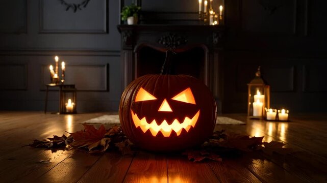Scary Jack O Lantern glowing with carved spooky face sits on fall leaves by fireplace