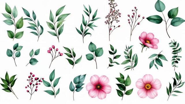 Watercolor collection of green leaves and pink flowers on a white background
