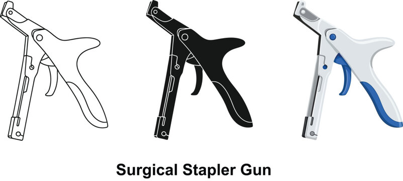 Collection of surgical stapler gun icons in outline solid black and color vector styles for medical illustration and design