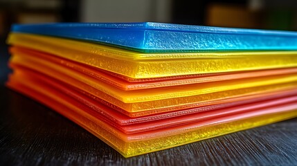 Stack of Colorful Plastic Cutting Boards on a Wooden Surface.