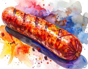 Watercolor sausage with grill marks rests on a dark surface, surrounded by abstract splashes of color, primarily warm hues