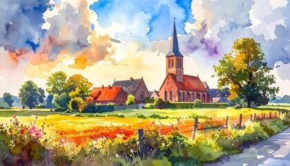 Watercolor rural scene with church, fields, and clouds. Warm colors create a bright, peaceful landscape