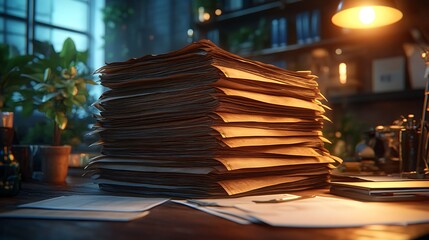 Stack of documents on desk.