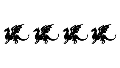 Fototapeta premium Four black dragon silhouettes in a row showcasing dynamic poses silhouette