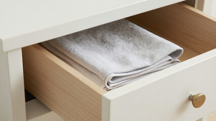 White towel folded inside wooden drawer in clean studio light and soft neutral tones