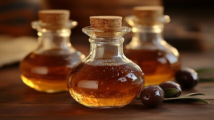 Three small glass bottles with corks filled with golden liquid and olives on a wooden surface.
