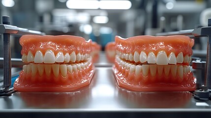 Two sets of realistic dentures displayed in a dental laboratory, showcasing the intricate details of prosthetic teeth and gums.