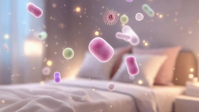 Abstract representation of bacteria and viruses in a bedroom environment highlighting cleanliness and health.