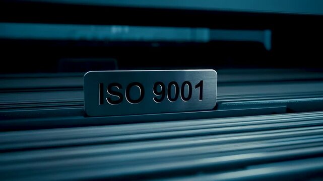 Blue metallic ISO 9001 certification plate engraved label on industrial steel pipes manufacturing quality standard factory environment