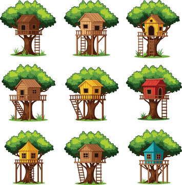 Cute wooden treehouses collection built on trees children fantasy outdoor playhouse vector illustration set