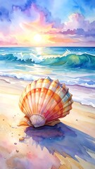 Watercolor seashell on a sandy beach at sunset with turquoise waves and a beautiful sky