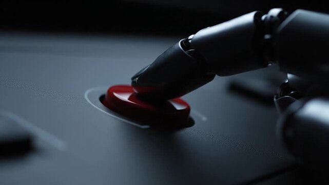 A close-up shot shows a sleek, black robotic finger slowly pressing down a critical red button on a dark futuristic control panel, symbolizing decisive AI action or system activation.