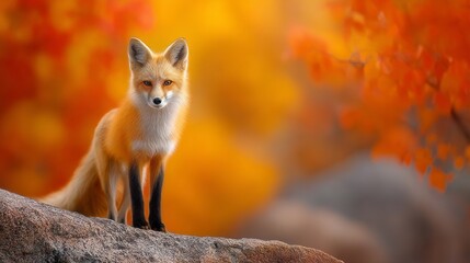 Fototapeta premium A beautiful red fox poses gracefully on a rocky surface, surrounded by glowing orange and yellow leaves. The warm light of evening enhances the tranquil forest atmosphere
