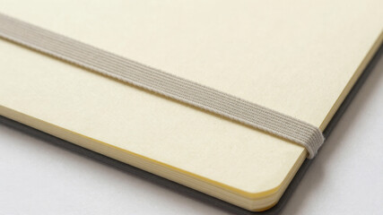 Fototapeta premium Closed beige notebook placed diagonally on light grey background with soft clean shadows