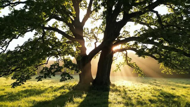 A majestic ancient oak tree with two intertwined trunks at sunrise. Golden sunbeams shine through the leaves in a green meadow. The concept of unity, love, and new beginnings in nature