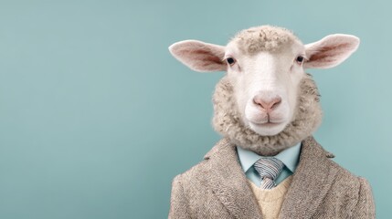 Obraz premium sheep in a suit, isolated on a pastel background, with copy space