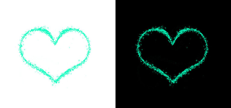 Cyan glitter heart outline with turquoise sparkling stars on transparent and black backgrounds for modern digital art and romantic web graphics