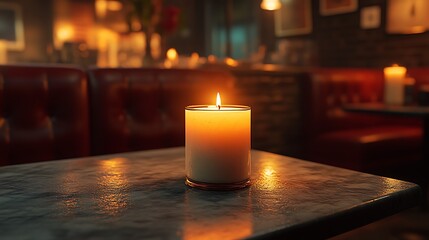 Warm Glow of a Lit Candle on a Table in a Cozy Restaurant Setting.