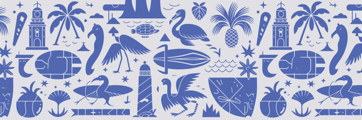 Obraz premium tropical summer ocean print kit with hand drawn exotic nature silhouette stamps, coastal logo, surf travel sticker, beach vacation badge, summer print.