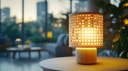 Warm Glow of a Rattan Lamp on a Table in a Modern Interior at Dusk.