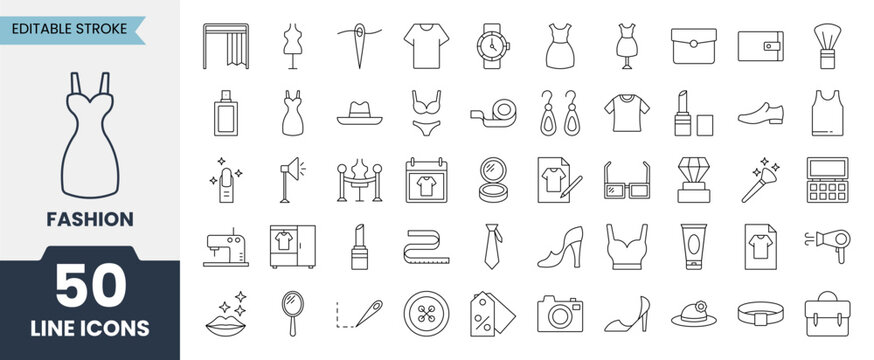 Fashion line icons set with editable stroke. Containing dress, sewing, tie, underware, clothes, tailor, accessories and more. Vector illustration