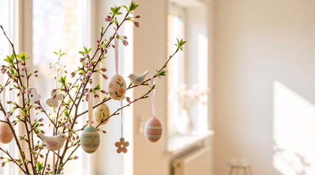Easter eggs and bird ornaments hanging on budding branches. Spring home decoration with pink blossoms and pastel colors. Bright interior background with copy space