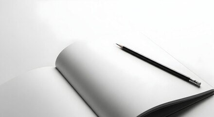 A stark black pencil rests on the open pages of a blank notebook ready for creative thoughts and ideas