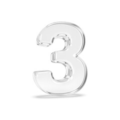 Fototapeta premium Luxury 3D glass number three, transparent crystal numeric character with glossy reflection on white background, modern elegant font for anniversary or premium design