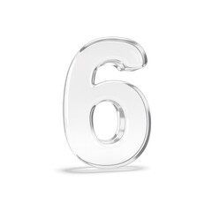 Luxury 3D glass number six, transparent crystal numeric character with glossy reflection on white background, modern elegant font for anniversary or premium design