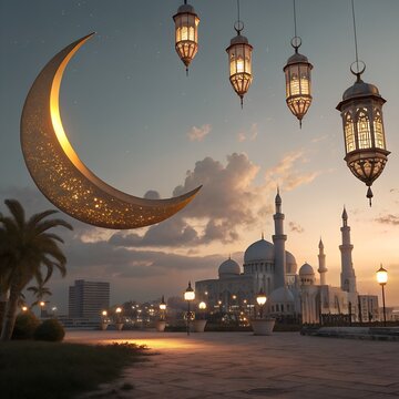 Beautiful mosque and city lights at dusk with a large glowing crescent moon and hanging lanterns, Ramadan celebration