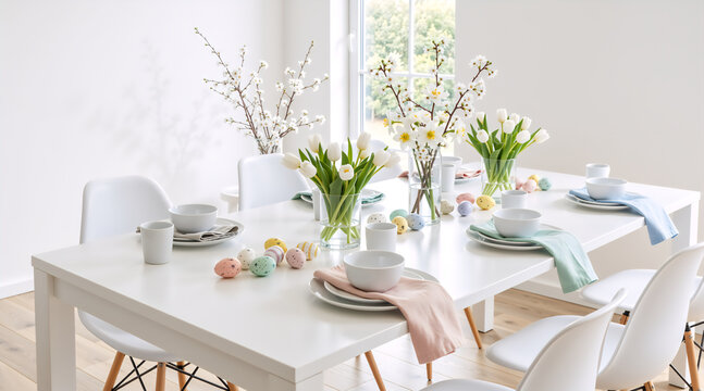 Easter table setting with spring flowers and colorful eggs. Modern dining room decorated for a festive holiday brunch. Bright and clean interior design concept