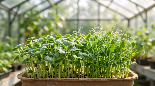 Fresh microgreens growing in a greenhouse. Vibrant green sprouts with water droplets. Healthy food and organic gardening concept