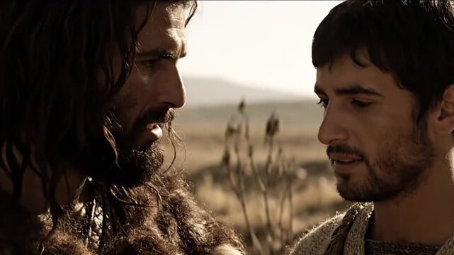 Abel and Cain with tense mood in biblical story ancient field background