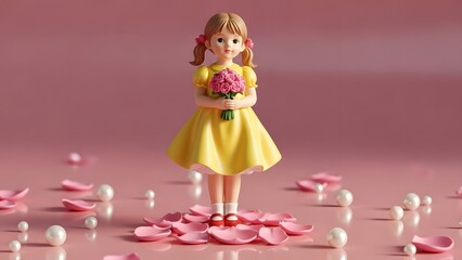 Happy mother's day concept with little girl holding flowers in yellow dress surrounded by rose petals and candle lights