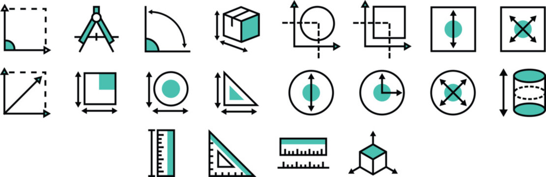 Geometric Shapes, Rotation, Scale and Dimension Icons Set, Line Style Vector for Web Design and User Interfaces
