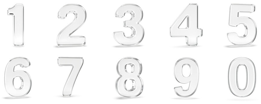 Complete set of luxury 3D glass numbers 0 to 9, transparent crystal numeric characters collection with glossy reflection on white background, modern elegant typography for premium design