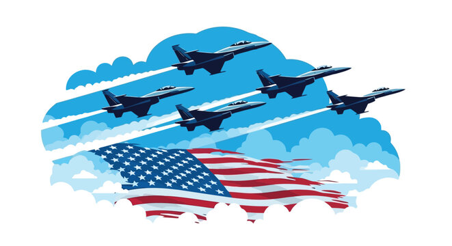 Military jets flying in formation with American flag in the sky.