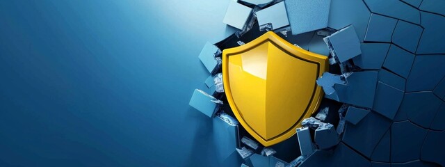 Bright blue background highlights a powerful shield for information security.