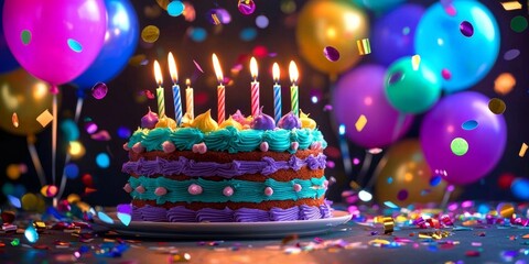 A vibrant scene capturing the essence of a birthday celebration with cake and confetti.