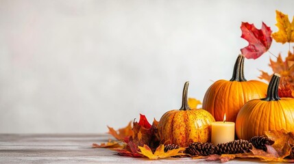 Celebrate Thanksgiving with a cheerful scene of pumpkins adorned with colorful autumn leaves.