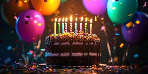 Bright and joyful birthday decorations with cake, candles, and playful balloons. 