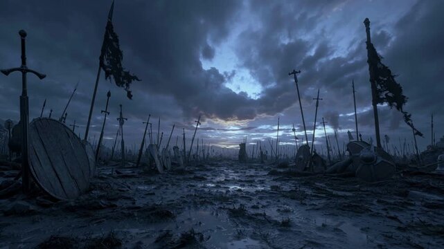 Medieval battlefield at dusk with abandoned shields and swords in muddy ground, torn banners fluttering under dark clouds. Epic yet solemn cinematic wide shot of historical war aftermath.
