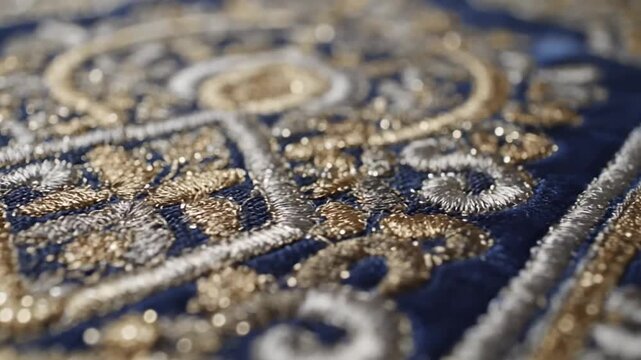 Slow, detailed video footage of intricate gold and silver Zari-style embroidery on deep blue fabric. Close-up reveals opulent texture and sparkling beadwork.
