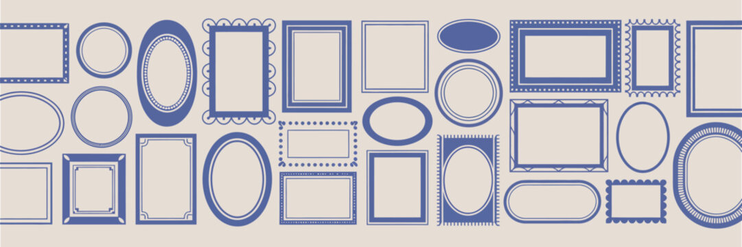 doodle frame set with hand drawn vector stamp borders, vintage abstract wavy post stamp, empty banner shapes, coastal retro postmark design.