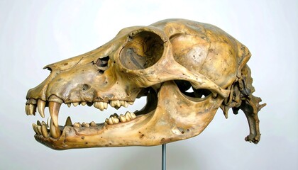 Naklejka premium A side profile of a preserved animal skull, featuring visible teeth and eye sockets, against a white backdrop. The skull appears aged, with natural coloration