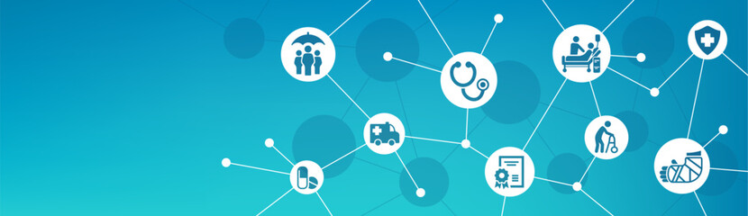 health insurance vector illustration. Blue concept with icons related to medical insurance, private health plan, family policy coverage, health insurance benefits, health treatment options.