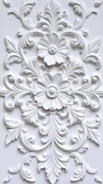 Intricate white floral stucco relief architectural ornamentation with acanthus leaves