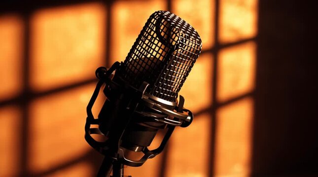 Microphone casting a long distorted shadow shaped like prison bars, creating a powerful visual metaphor of censorship, restricted speech, and media control in a minimalist, high-contrast setting.

