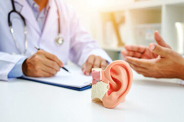 Doctor consults patient with ear anatomy model on desk image